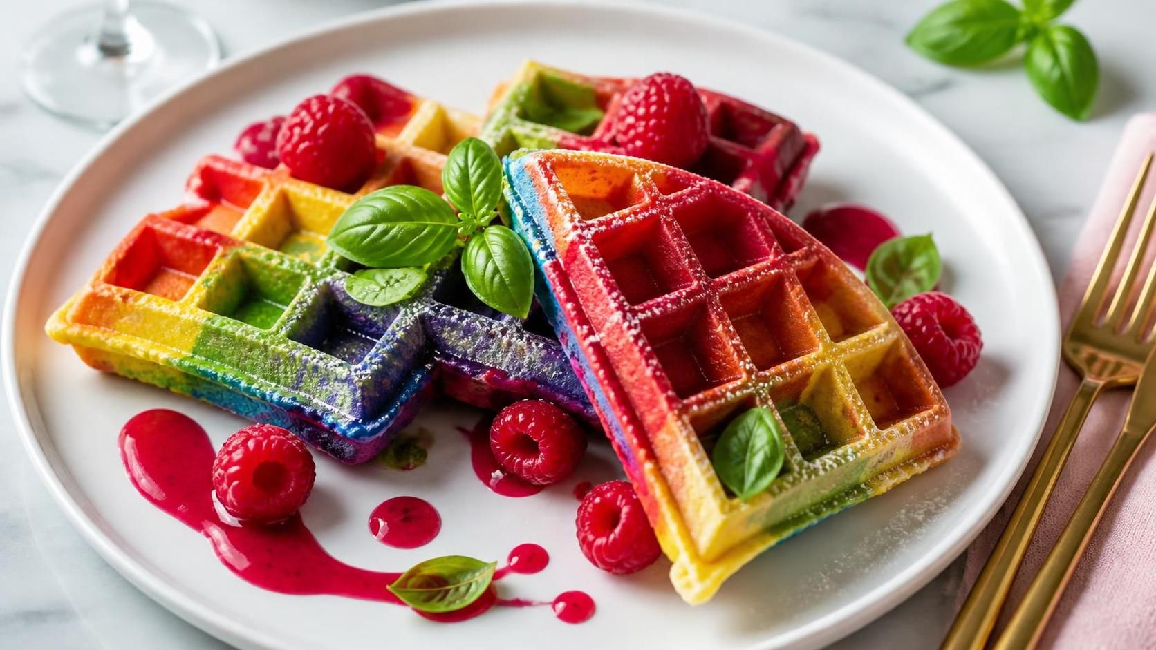 découvrez nos gaufres arc-en-ciel délicieusement parfumées à la framboise et au basilic, pour un dessert coloré et rafraîchissant qui éveillera vos papilles.