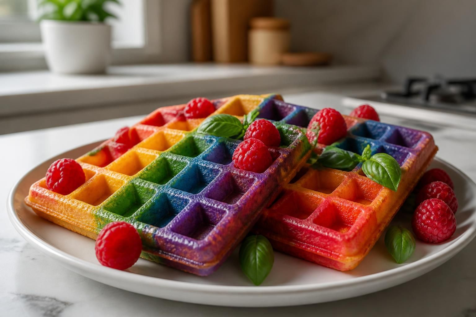 découvrez notre recette gourmande de gaufres arc-en-ciel parfumées à la framboise et au basilic, un délice coloré qui éveille vos papilles et ravit vos yeux.