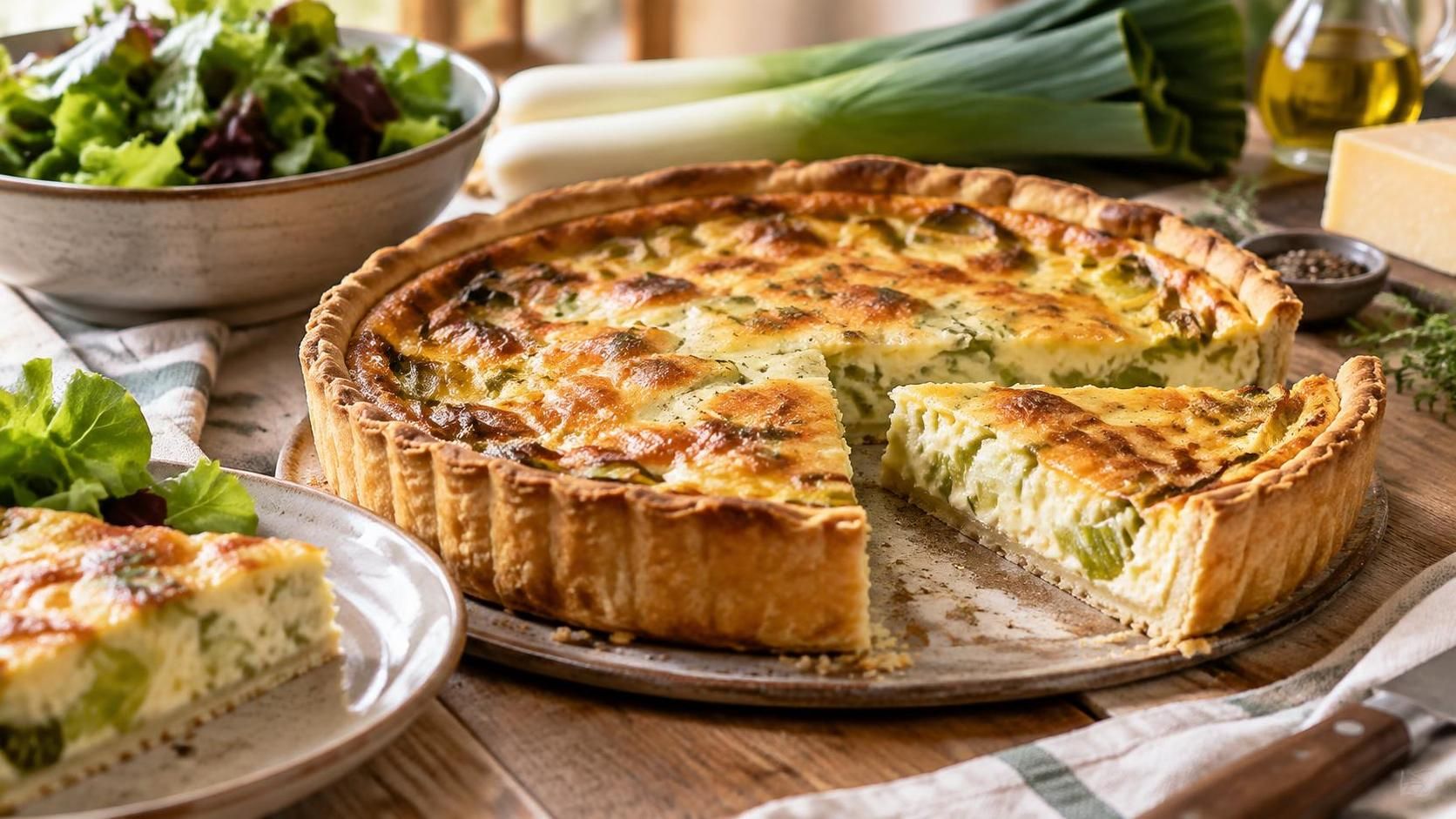 découvrez une délicieuse tarte aux poireaux fondants, généreuse et savoureuse, parfaite pour un repas convivial ou un dîner facile.