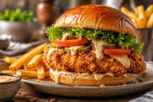 Délicieux burger au poulet croustillant pané