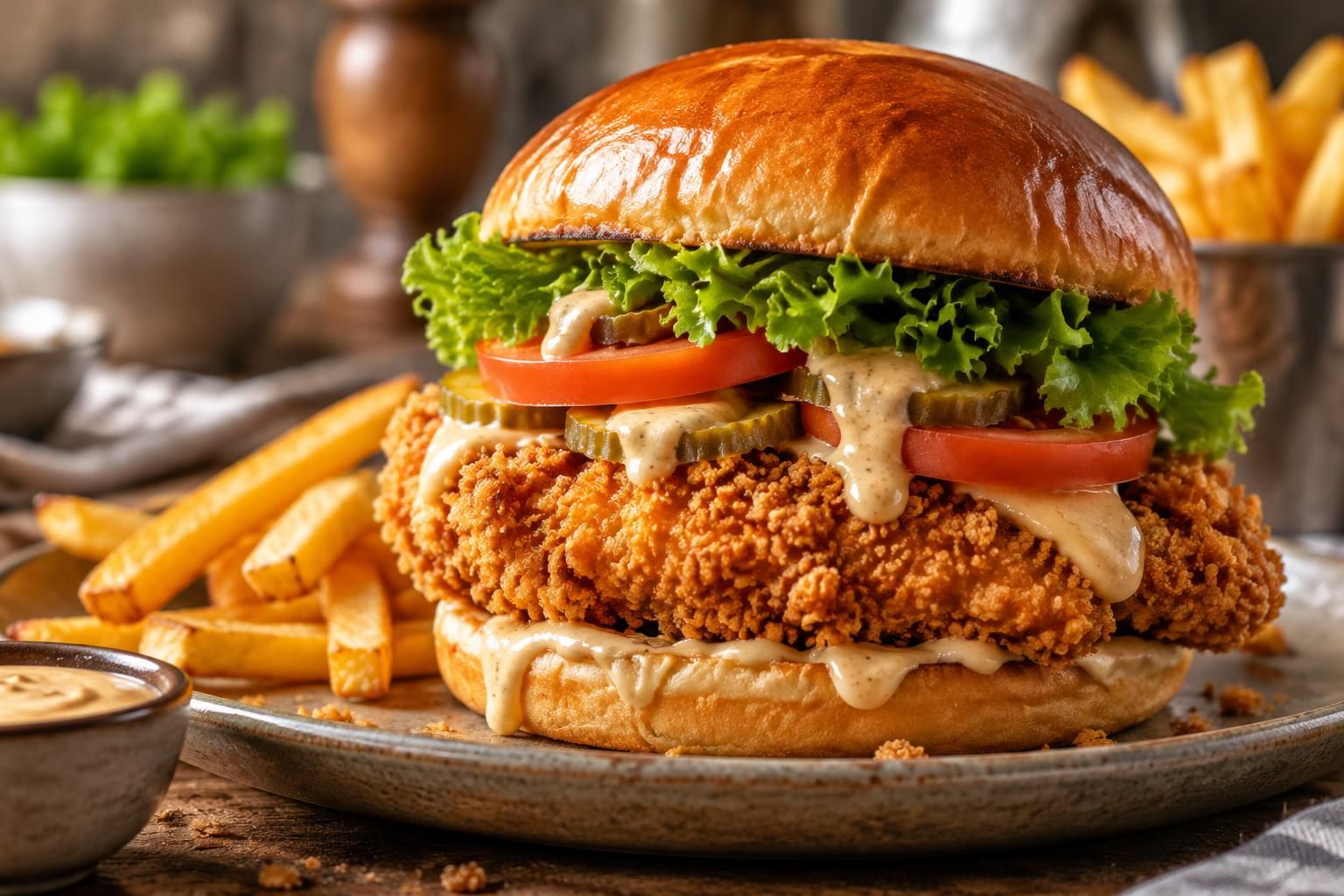 découvrez notre délicieux burger au poulet croustillant pané, garni d’ingrédients savoureux pour un repas gourmand et généreux.