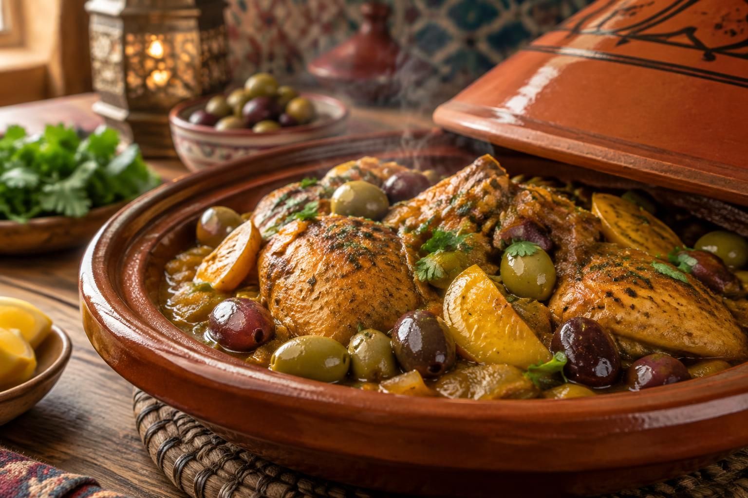 découvrez une recette savoureuse de poulet marocain aux olives, parfumée aux épices et mijotée pour un repas convivial aux accents du maroc.